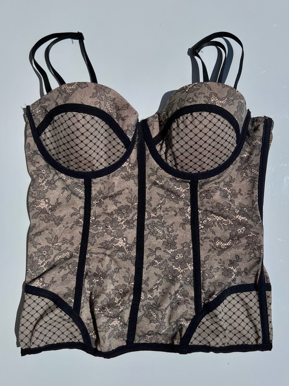 Vintage Corset Bustier Top M Y2K 90s Black Beige Floral Boudoir Boned
